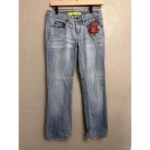 GTO Women Low Rise Jeans Floral Embroidered Studded Boho Y2K Indie Grunge 5/6